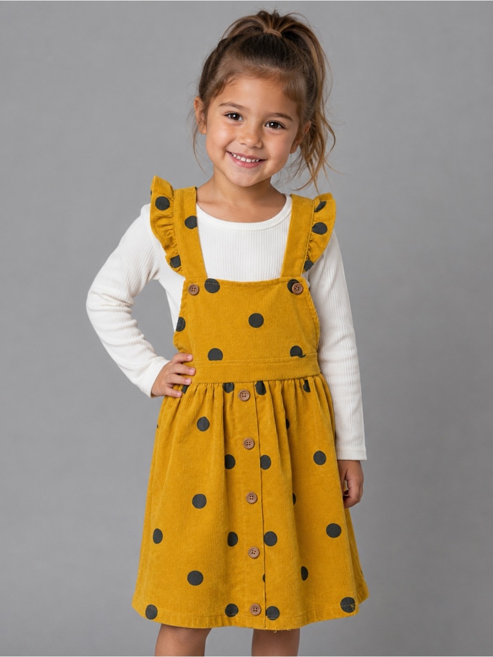 Blueberi Boulevard Mustard Yellow Polka Dot Pinafore Dress with Cream Top (5)